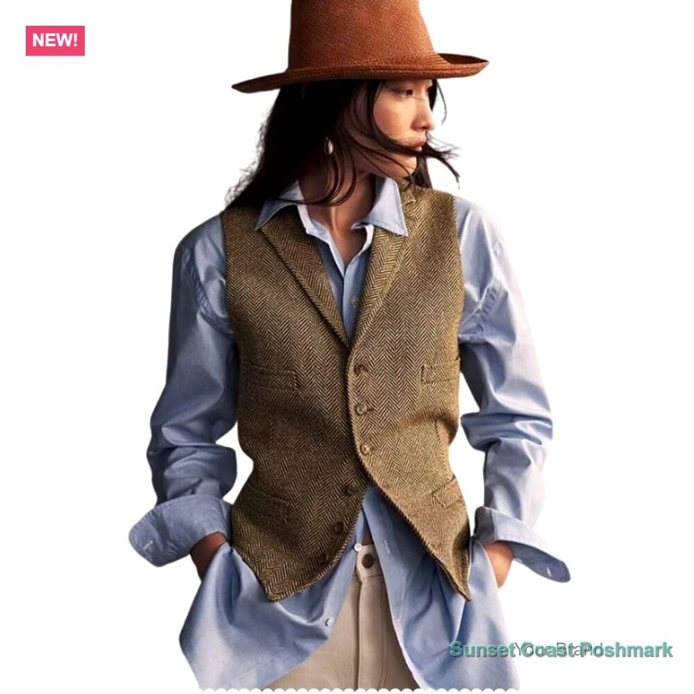 Herringbone Tweed Sleeveless Vest Lapel Blazer Office Work